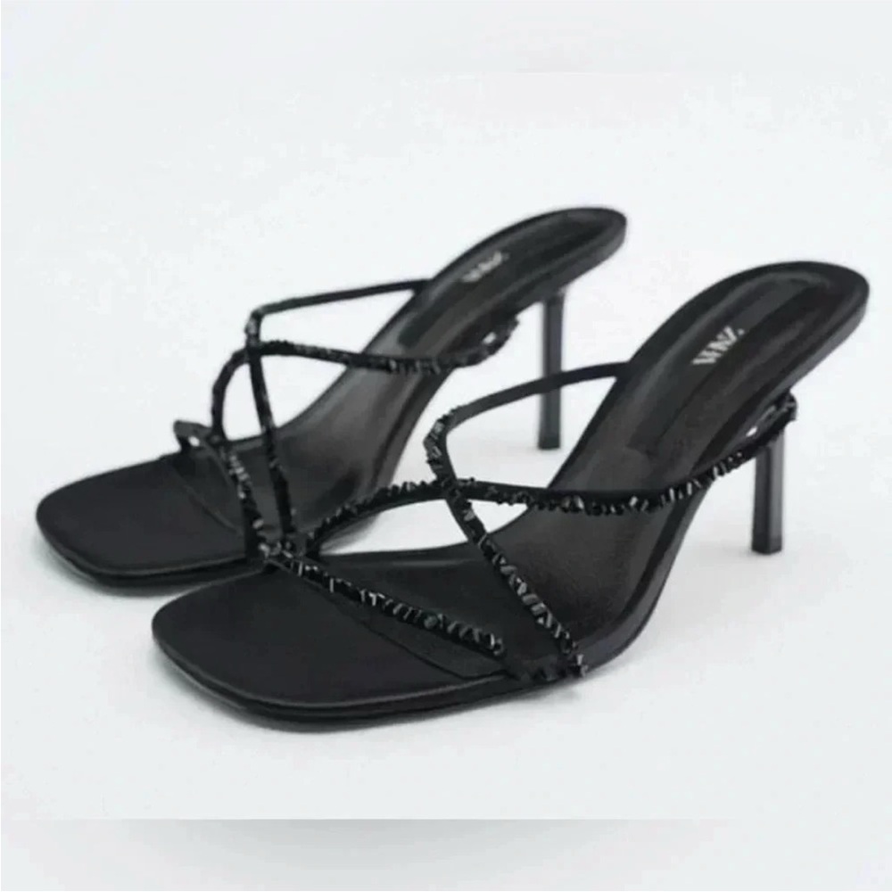 ZARA Sparkly Black Strappy Heels Size 7.5